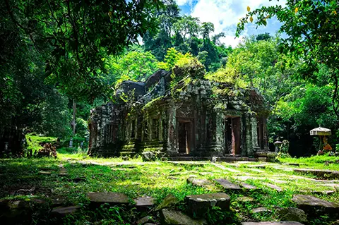 Temple ancien en pierre au milieu de la végétation
